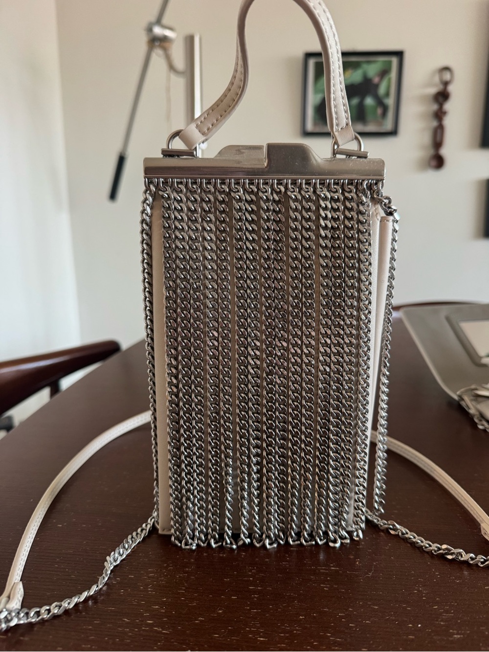 Charles & Keith White Leather Crossbody with Silver Chain Fringe